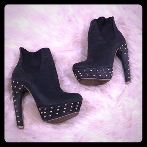 Dark blue, gold studded ankle bootie